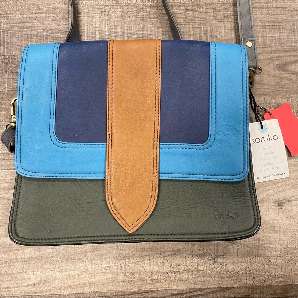 Blue and Green Color-Block Crossbody Bag with Flap Closure